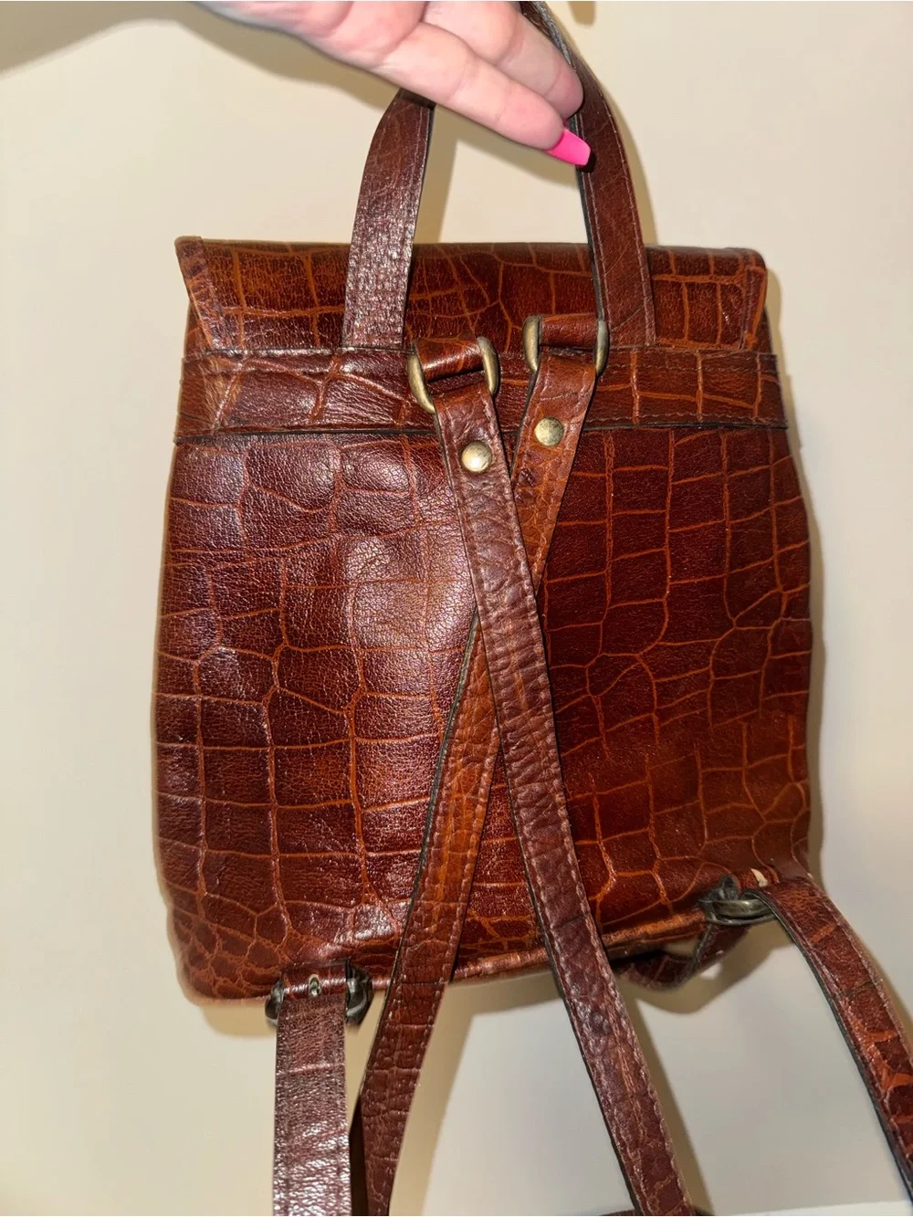 Studio Angelino 90s Vintage Brown Croc-Embossed Leather Backpack Purse